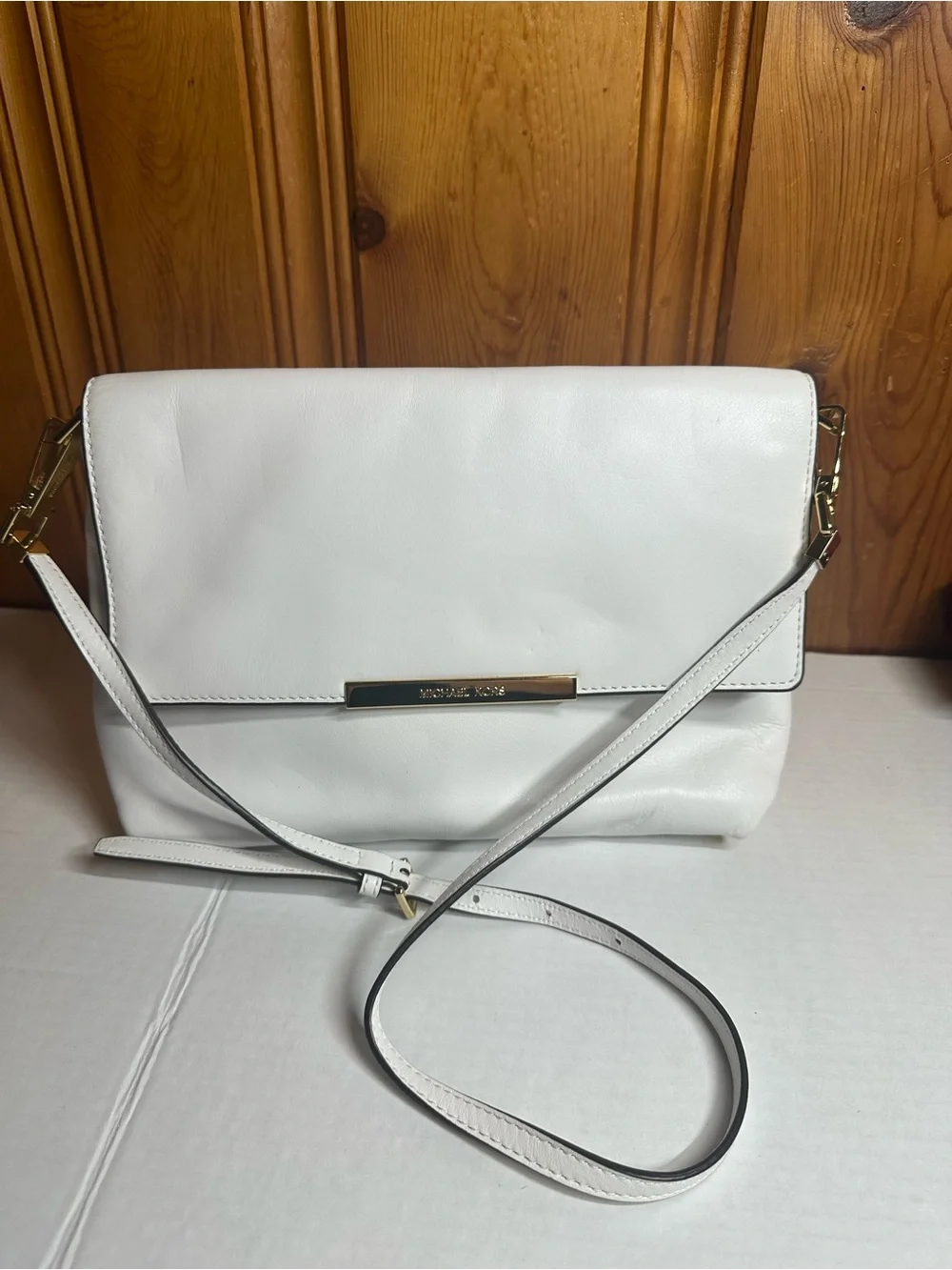 Michael Kors White Leather Shoulder Crossbody with Gold Accents